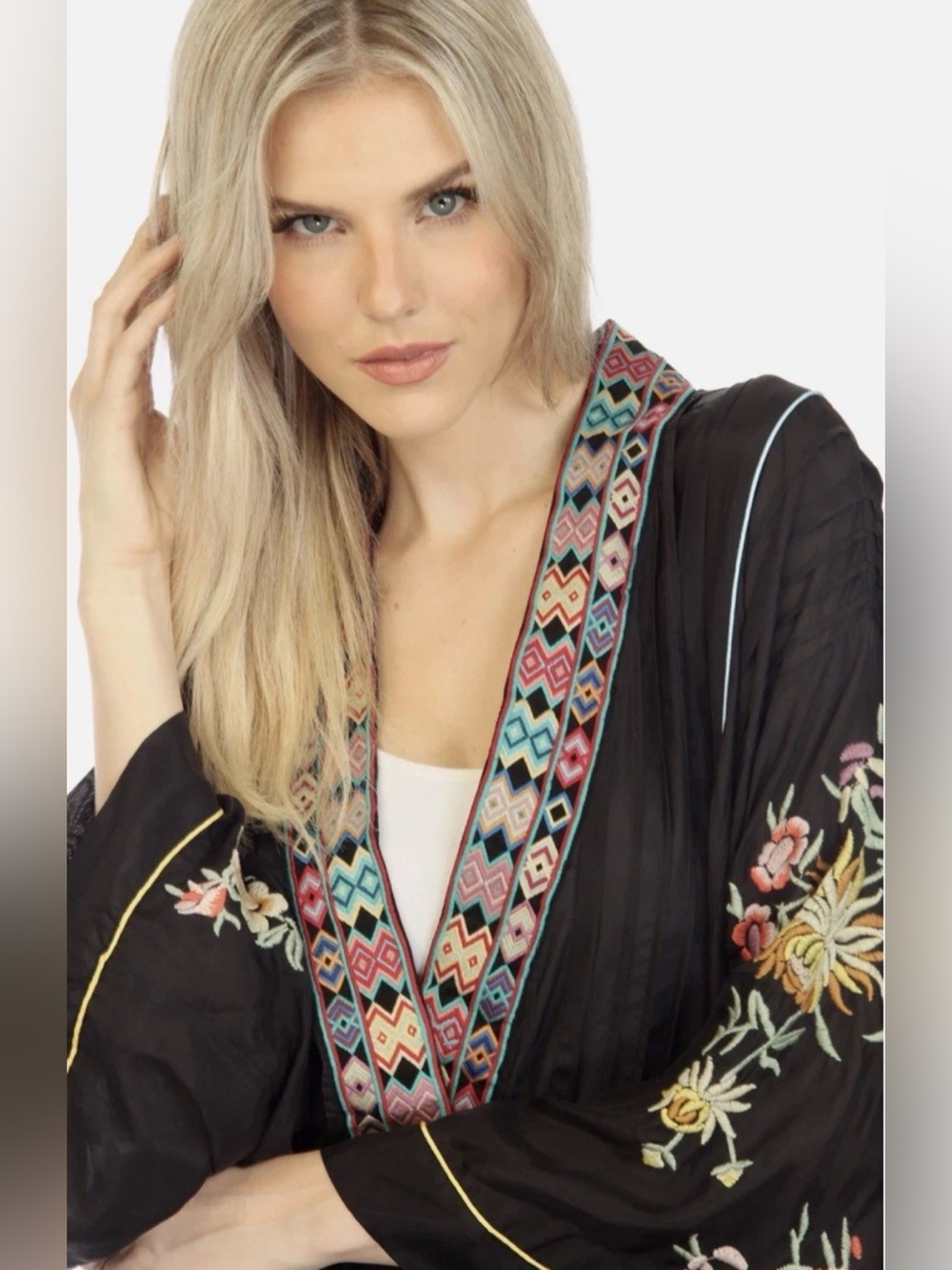 Johnny Was Silk Embroidered Black Kimono Robe with Multicolor Trim size M